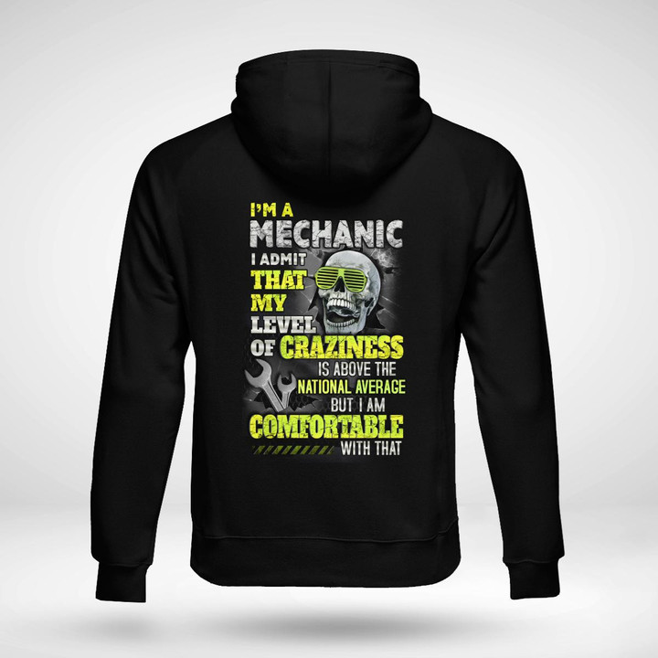 Mechanic-themed black hoodie with skull graphic wearing sunglasses and holding a wrench