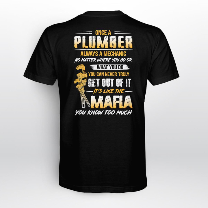 Plumber T-Shirt - Black tee with a graphic design of a plumber's wrench and a quote about the lifelong bond with plumbing.