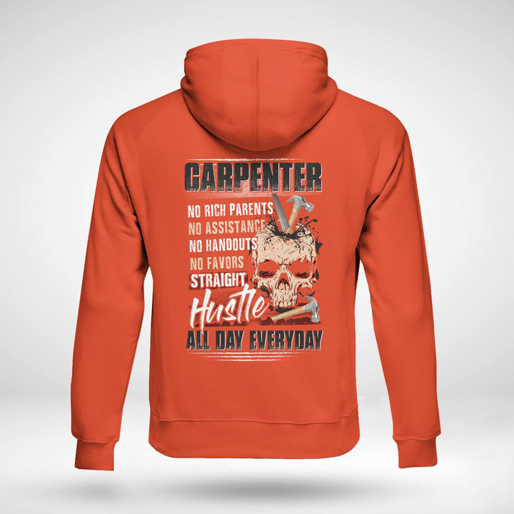 Orange Carpenter Hoodie with Skull and Hammer Graphic