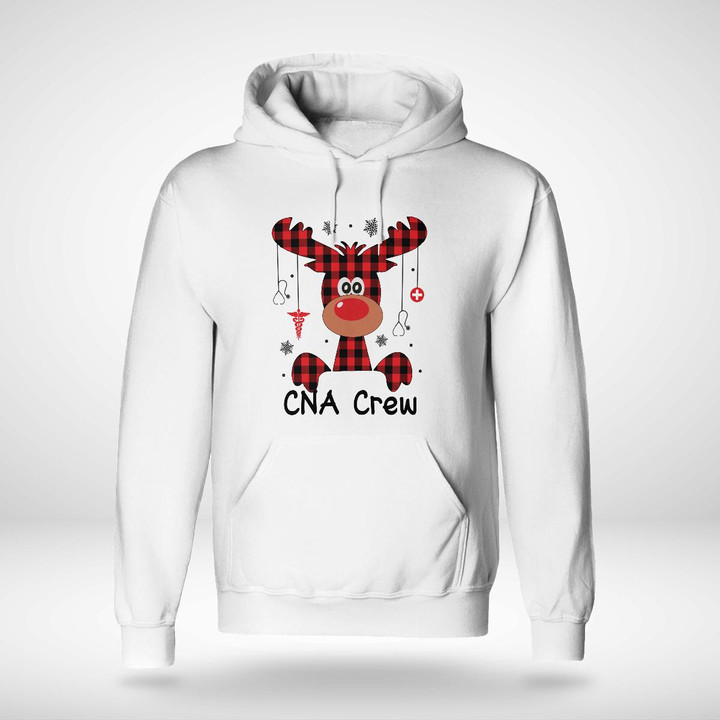 CNA Reindeer Hoodie - Red and black plaid reindeer design on a white cotton hoodie. Ideal for healthcare workers celebrating the holidays.