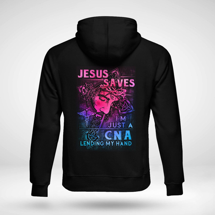Black hoodie for CNAs with white text graphic design saying 'Jesus saves, I'm just a CNA lending my hand.' Stylish and meaningful apparel for healthcare professionals.