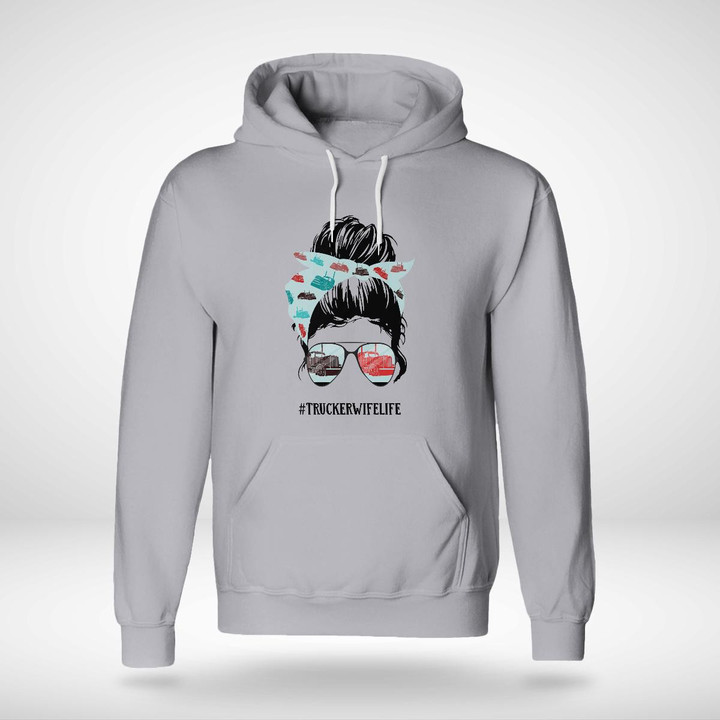 Gray Ladies Hoodie with Truckers WifeLife Graphic Design