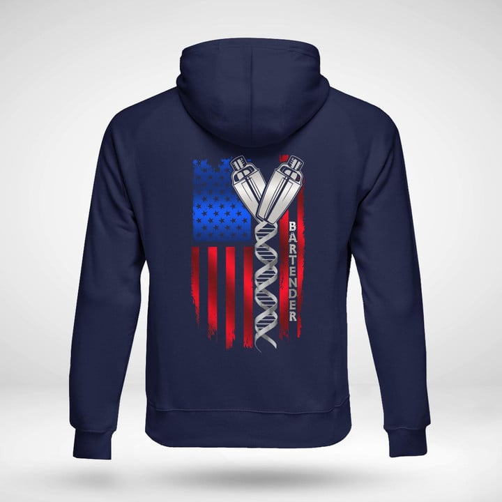 Bartender hoodie with American flag graphic design showcasing the importance of the profession