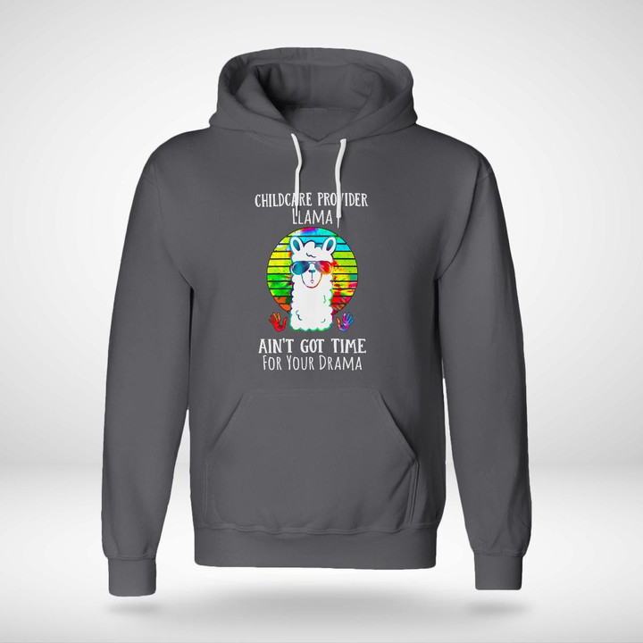 Childcare Provider Llama Hoodie - Gray hoodie with sunglasses-wearing llama graphic and funny quote.