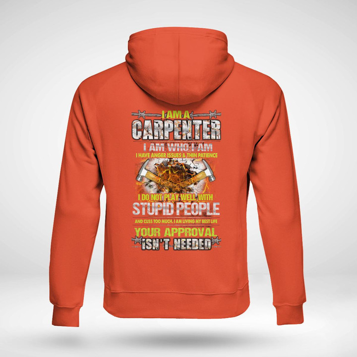 Carpenter Hoodie - Graphic design of a carpenter holding a hammer and a saw on a comfortable orange hoodie.