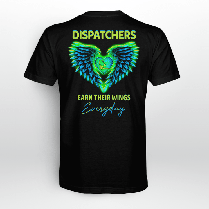 Black t-shirt for dispatchers with heart and wings graphic - Disrupters earn their wings everyday.