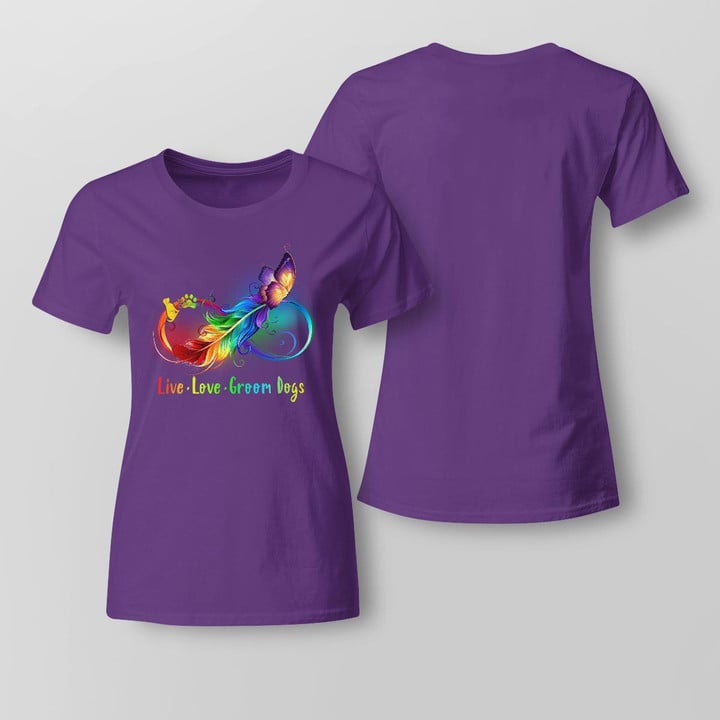 Dog Groomer Purple T-Shirt with Rainbow Feather and Butterfly Design