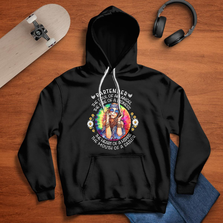 Bartender black hoodie with a stylish hippie-inspired graphic design and quote.