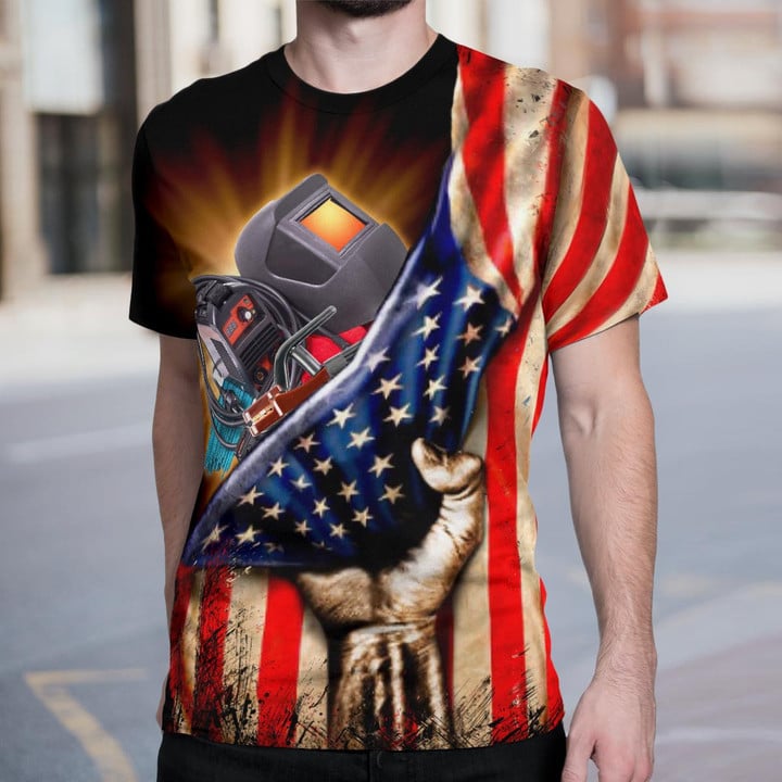 Black Welder T-Shirt with Hand Holding Welding Mask and American Flag Graphic