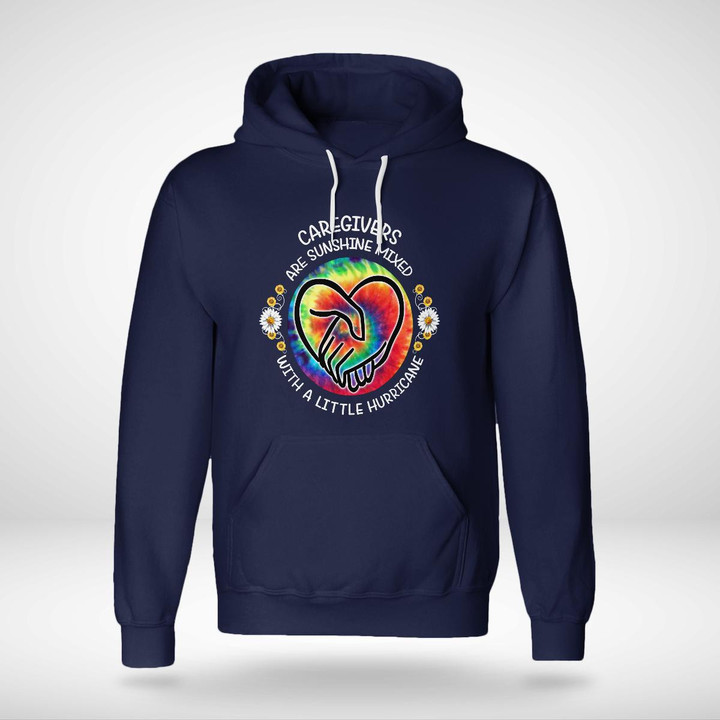 Caregiver Blue Hoodie with Tie Dye Heart and Handshake Design
