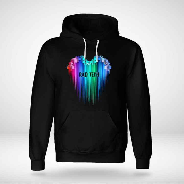 Black hoodie with dripping rainbow heart graphic, representing the rad tech profession and support for the LGBTQ+ community.