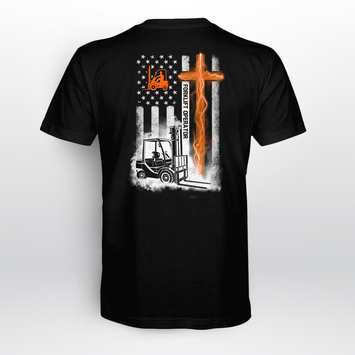 Forklift Operator T-Shirt - Black cotton tee with forklift and cross graphic, perfect for blue-collar workers.