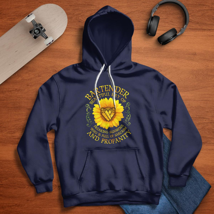 Bartender's Blue Hoodie with Sunflower Graphic