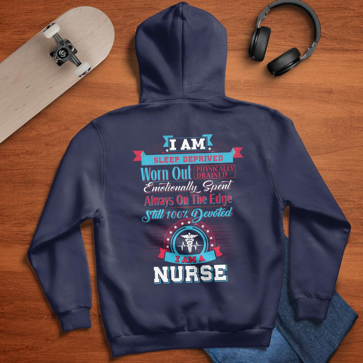 Nurse-themed hoodie with quote about sleep deprivation and devotion
