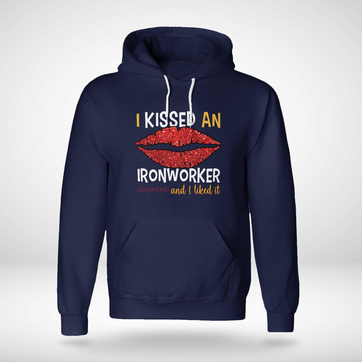 Blue Ironworker Hoodie with Red Lips Graphic and Quote