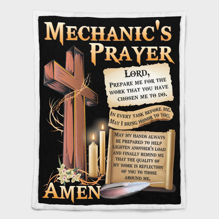 Mechanic-themed blanket with cross, candles, and scroll graphic design symbolizing faith and spirituality