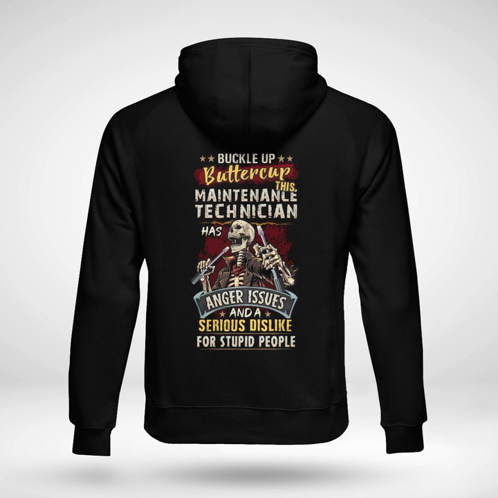 Maintenance Tech Black Hoodie with Skeleton Motorcycle Graphic