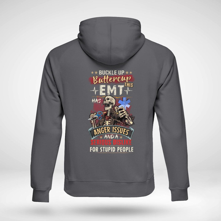 Gray EMT hoodie with skeleton graphic holding EMT sign and humorous quote.