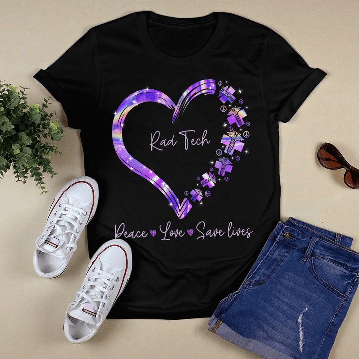 Rad Tech Peace and Love Save Lives T-Shirt - Black shirt with purple heart graphic, symbolizing support for the military and promoting peace and love.