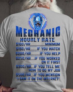 Gray mechanic t-shirt with skull wearing a hard hat and gripping a wrench, symbolizing skilled mechanics and their hourly rate.