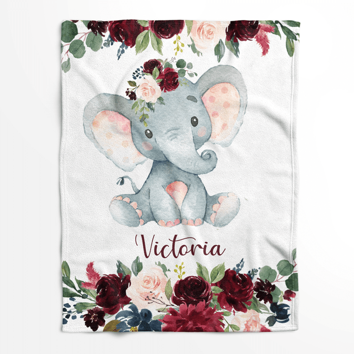 Personalized Name Fleece Elephant Flora Blanket