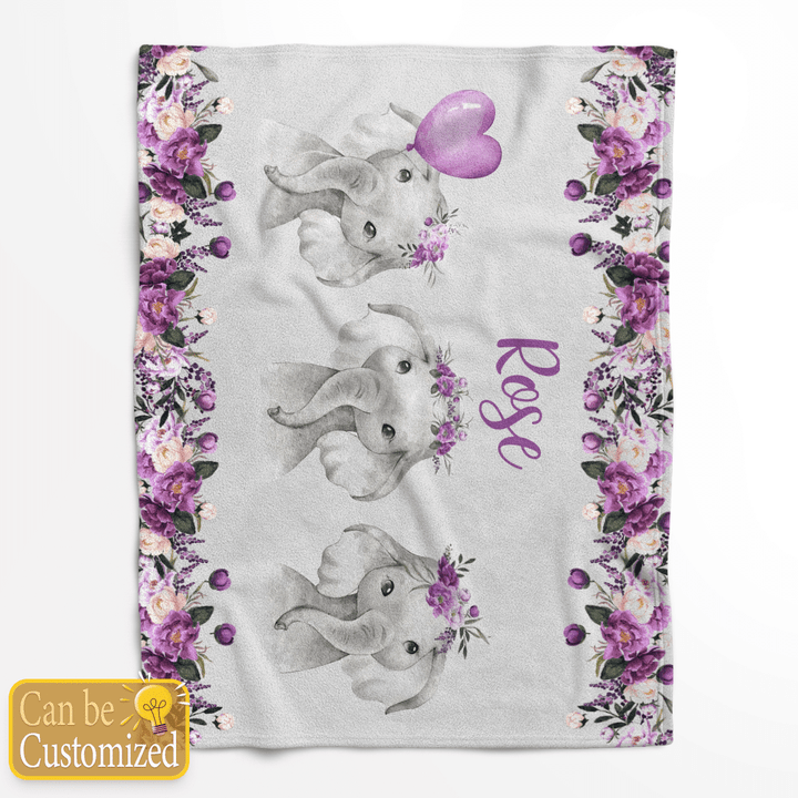 Personalized Name Elephant Purple Fleece Blanket