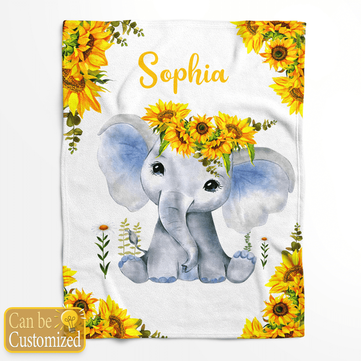 Personalized Name Elephant Sun Flower Fleece Blanket