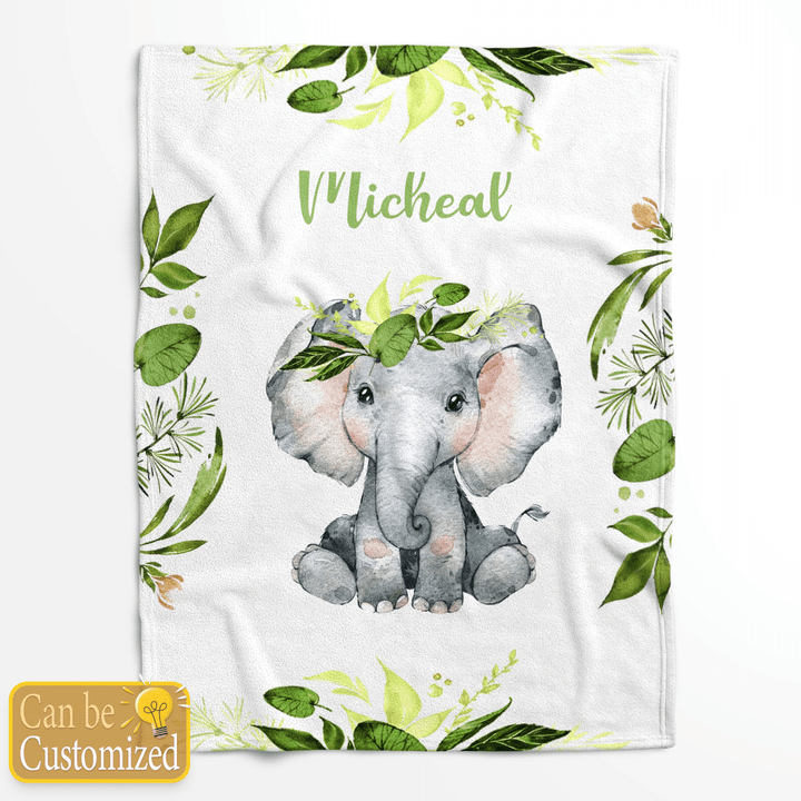 Personalized Name Elephant Flower Fleece Blanket