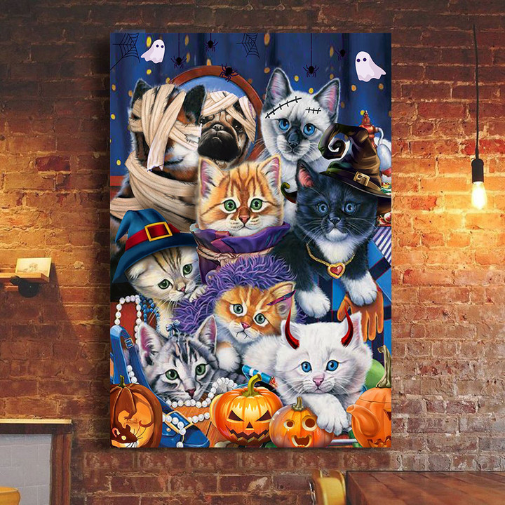 Pug And Cats Halloween Poster Happy Halloween Animal Wall Art Pet Lovers Gift