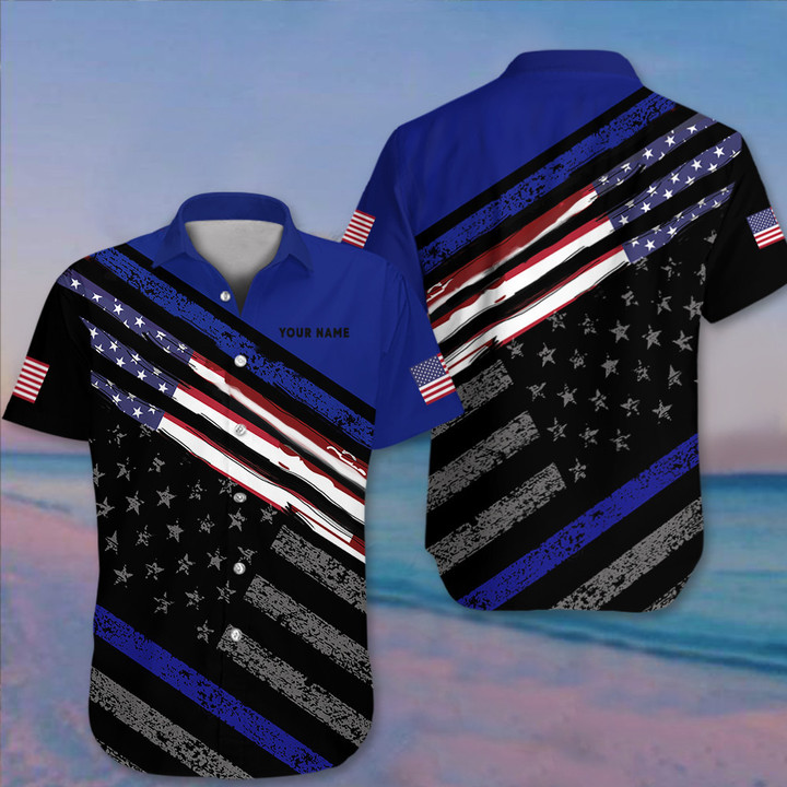 Personalized Thin Blue Line Flag Hawaii Shirt For Mens Patriotic Law Enforcement Apparel