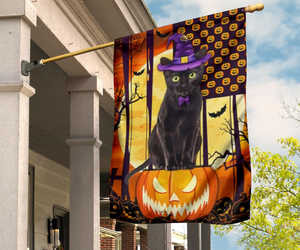 Black Cat Witch On Pumpkin Flag Cat Owner Scary Halloween Yard Decorations