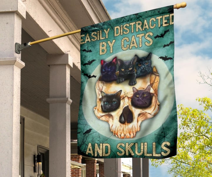 Easily Distracted By Cats And Skulls Flag Black Cat Lover Halloween Decorations Indoor Outdoor