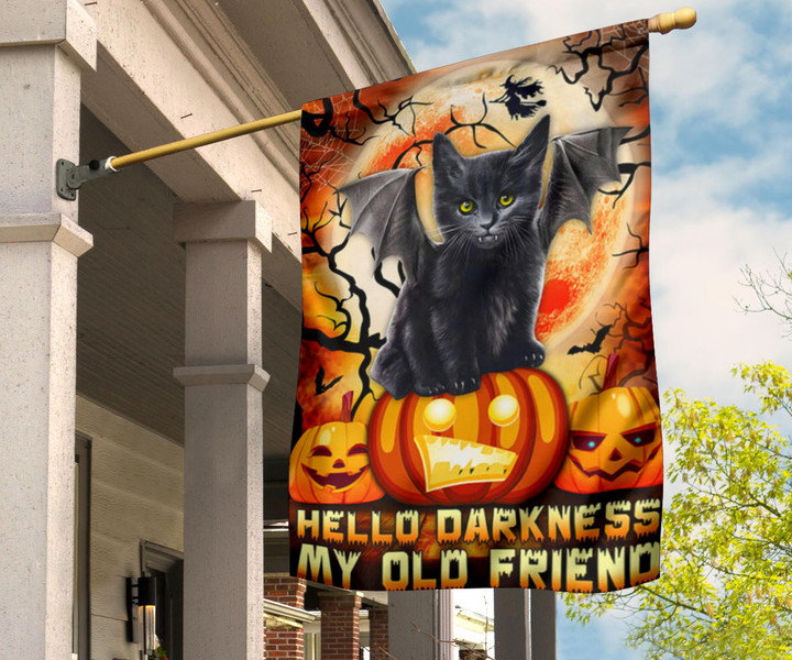 Black Cat Bat Hello Darkness My Old Friend Flag Cat Lover Cute Outdoor Halloween Decorations
