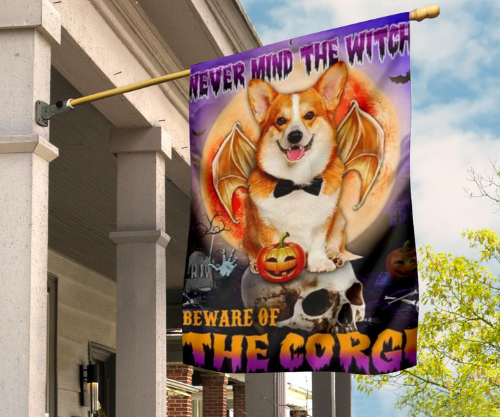 Never Mind The Witch Beware Of The Corgi Flag Halloween Porch Decor Gift For Corgi Lovers