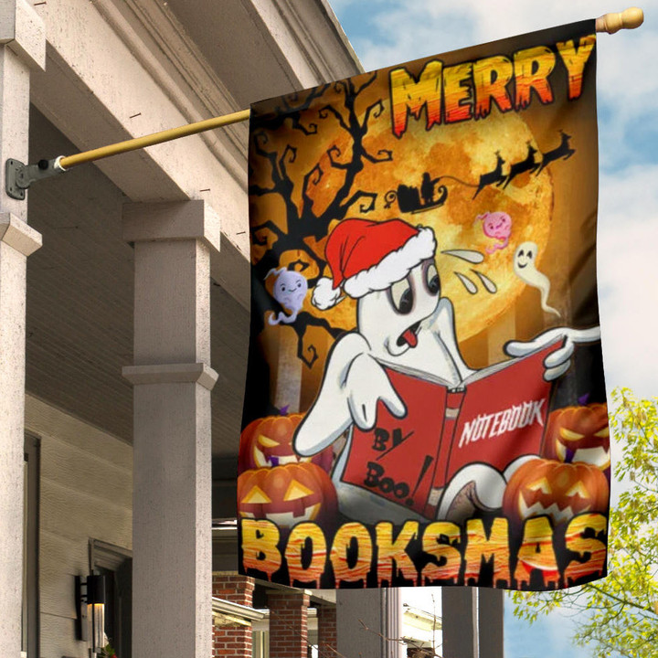 Ghost Wearing Hat Santa Merry Booksmas Flag Christmas Halloween Funny Flag Outdoor Yard Decor