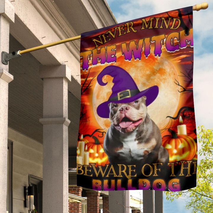 Never Mind The Witch Beware Of The Bulldog Flag Dog Owner Outside Halloween House Decorations