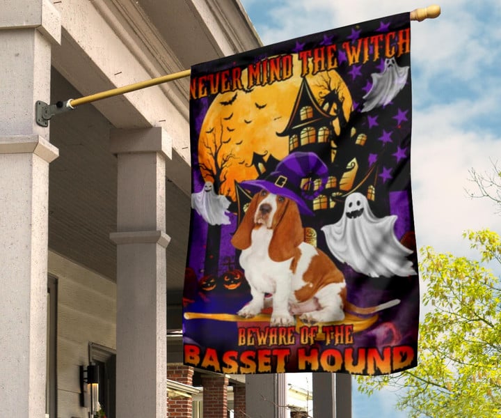 Never Mind The Witch Beware Of The Basset Hound Flag Dog Theme Halloween Outside Decor Ideas