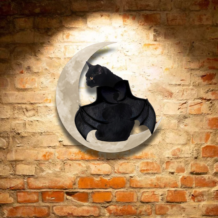 Black Cat Bat On Moon Metal Sign Halloween Wall Decor Gift For Cat Lovers