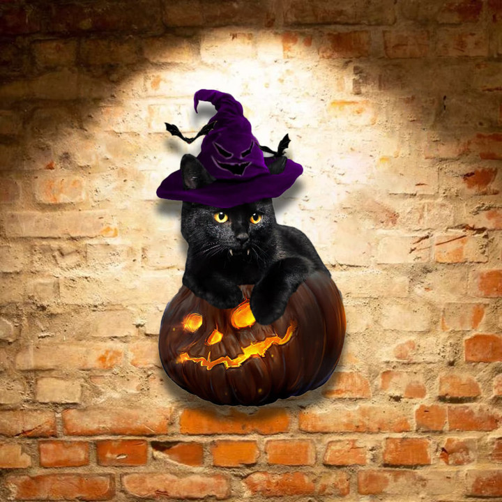 Black Cat Witch On Pumkin Metal Sign Halloween Wall Decor Ideas Gift Ideas For Cat Lovers
