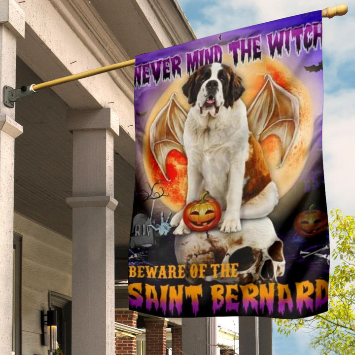 Never Mind The Witch Beware Of The Saint Bernard Flag Halloween Yard Decor Dog Owners Gift