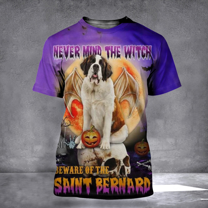 Never Mind The Witch Beware Of The Saint Bernard 3D Shirt Dog Owner Halloween T-Shirt For Men