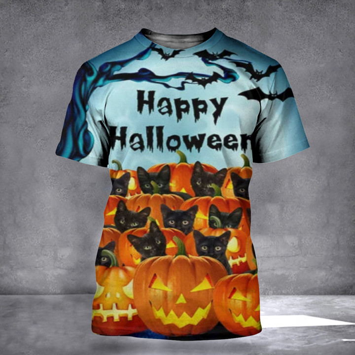 Black Cats With Pumpkins Happy Halloween 3D Shirt Cat Lovers T-Shirt Gift For Halloween