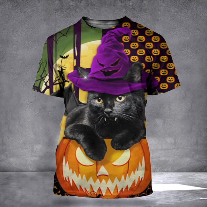 Black Cat Witch And Jack O Lanterns 3D Shirt Cute Halloween T-Shirts Gift For Cat Lovers