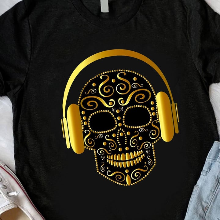 Sugar Skull Vector With Headphones Golden T-Shirt Best Gifts For Music Lovers