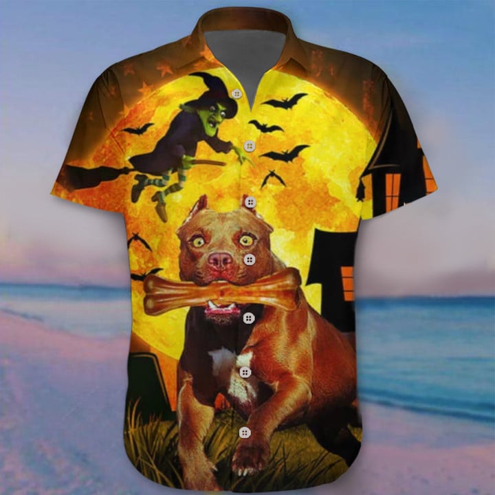 Pitbull Gnaw Bones And Witch Hawaii Shirt Funny Halloween Dog Clothing Gifts For Pitbull Lovers
