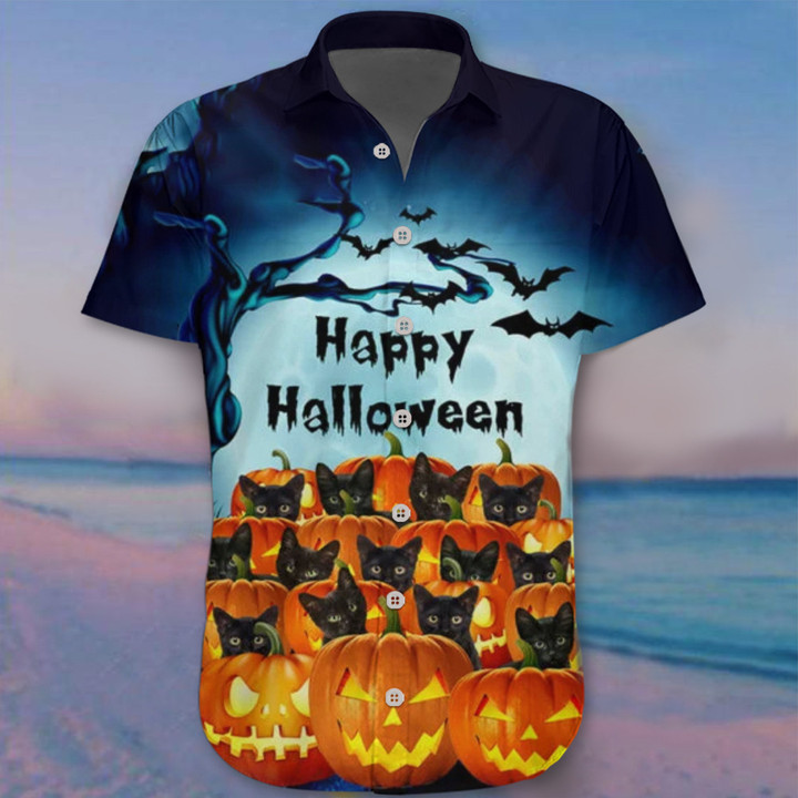 Black Cats With Pumpkins Happy Halloween Hawaii Shirt Mens Cat Lovers Gift For Halloween