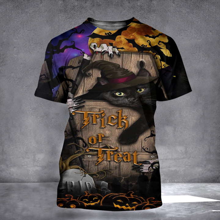 Black Cat Halloween Shirt 3D Trick Or Treat Halloween Theme Shirts Apparel