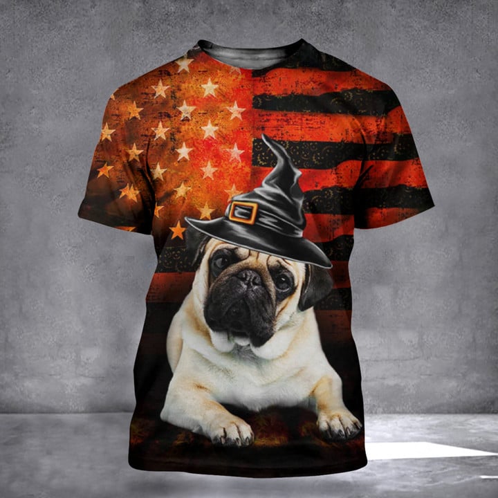 Pug Dog Witch American Flag Halloween Shirt Mens Halloween Clothes Pug Lover Gifts