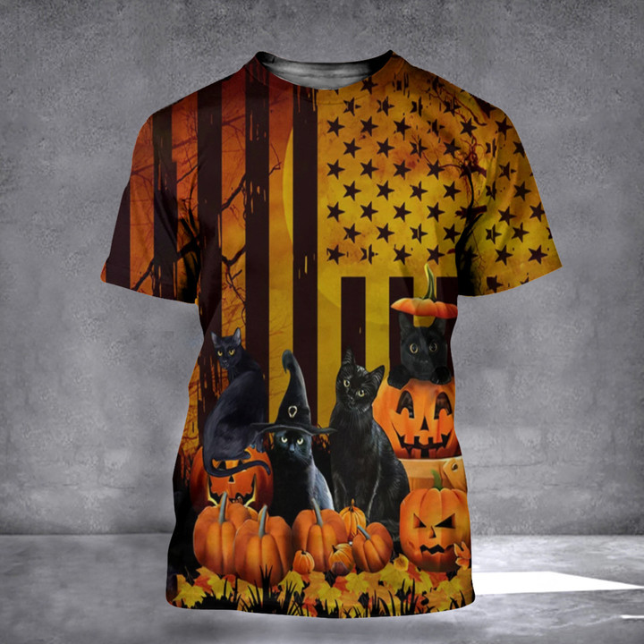 Black Cat Halloween Shirt Pumpkin Cat Graphic Tee Halloween Themed Clothing Gifts