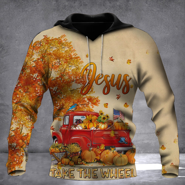 Jesus Take The Wheel Autumn Hoodie Red Truck With Pumpkin Best Clothing Gifts For Fall